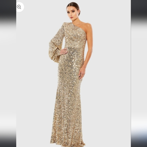 NWT!! IEENA- Mac Duggal,Sequined One Shoulder Bishop Sleeve Trumpet Gown, Gold - Picture 2 of 14